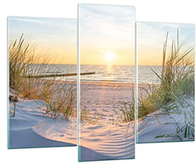 Mehrteilige Bilder auf Glas 130x100cm Glasbild Düne Strand Meer Groß Wanddeko Bild im Glas Schlafzimmer Küche Set 3 teilige Wandbilder Dekoration Wohnzimmer Modern Wand Kunstdruck Art GCB130x100-3989