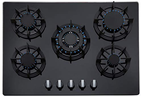 SIA UBR8 70cm Premium 5 Burner Black Glass Gas Hob With Cast Iron Pan Stands, Wok Burner, Flame Failure Safety Device & LPG Kit