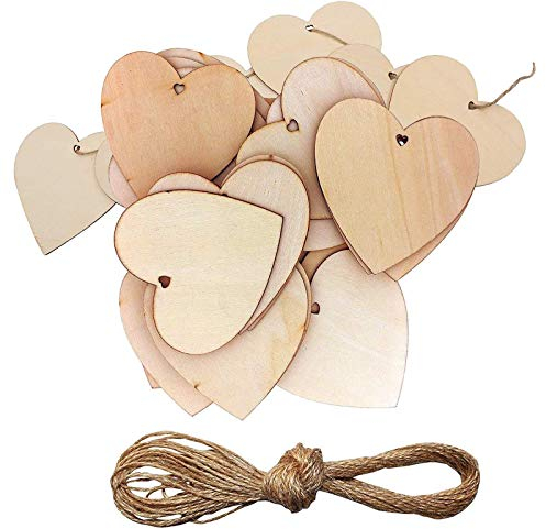 50 stück Holzherzen mit 10m Jute Schnur,Wohlstand 8 x 8cm Streudeko Set Holz Herzen Unbehandelt mit Loch zum Beschriften, Hochzeit/Christbaumschmuck,Geschenke, DIY-Kunst und Handwerk mit Schnur