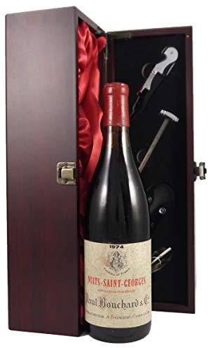 Nuits Saint Georges Paul Bouchard & Cie 1974 vintage wine in a silk lined wooden box with four wine accessories, 1 x 750ml