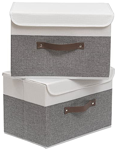OUTBROS Collapsible Storage Cubes with Lid, Linen Fabric Wardrobe Baskets, Large Box For Towels, Clothes, 15 x 9.8 x 9.8 inch (White/Grey, 2-Pack)