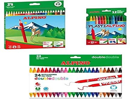 Alpino Lote Material Escolar | 24 Lápices de Colores + 24 Rotuladores Doble Punta + 12 Ceras Plastialpino | Estuche Escolar