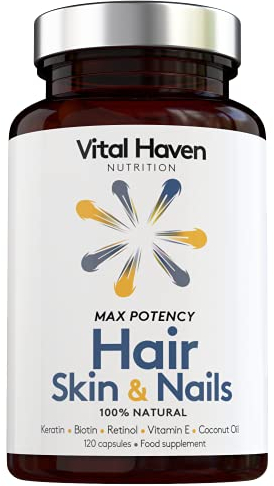 Vital Haven Hair, Skin & Nails Supplement - Biotin + Keratin + Vitamin A, E & Coconut Oil - UK Made