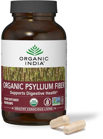 ORGANIC INDIA Psyllium Husk Capsules - Fiber Supplement, Healthy Elimination - Vegan, Keto Friendly, Gluten-Free, USDA Certified Organic, Non-GMO, Soluble & Insoluble Fiber Source - 180 Count