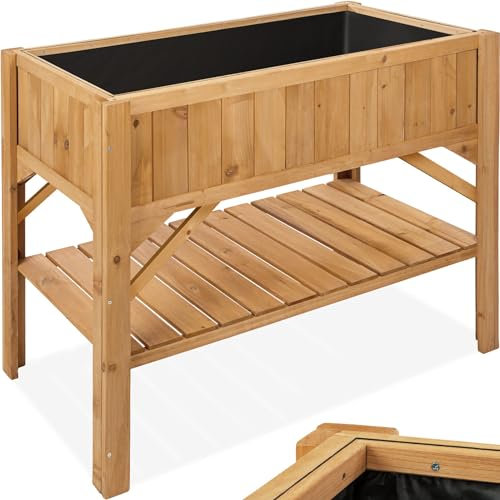 tectake® Jardinera Exterior de Madera, Cama Elevada con Inserto Protector, Jardinera con Lámina de Protección y Estantería, Resistente a Viento e Intemperie, Ideal Huerto Urbano, Macetero,119x57x90cm