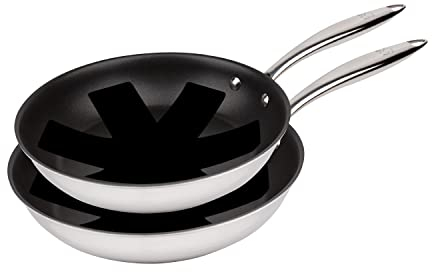 MasterPro Argent 3 | 2 Sartenes Antiadherentes de 24 y 28 cm | Con Triple Capa de Acero Inoxidable y Aluminio Forjado | Con Mango Ergonómico | Sartén Acero Inoxidable | Para Todo Tipo de Cocinas