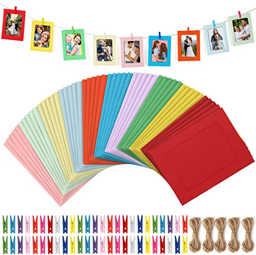 BELLE VOUS Set Marco Fotos de Papel con Cuerda y Pinzas - 11,5 x 15,3 cm - Marcos para Colgar Fotos en la Escuela, Hogar, Oficina o Fiestas - Portaretratos para Fotos - Decorar Paredes - 10 Colores