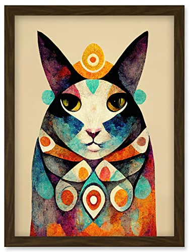 Wee Blue Coo Quirky Boho Abstract Modern Shaman Guru Cat Artwork Framed Wall Art Print A4