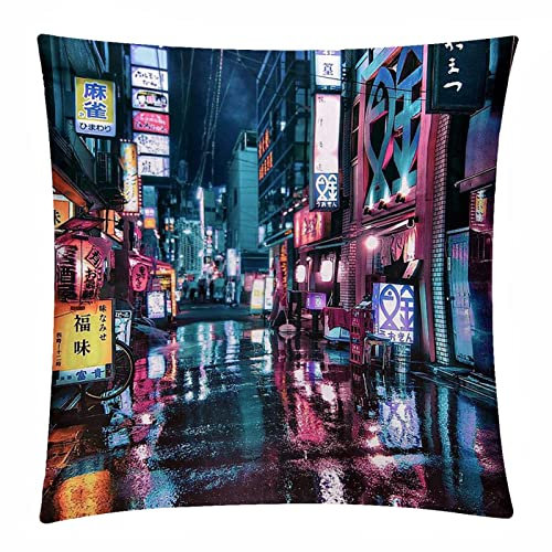 Packung mit 2 dekorativen Kissenbezügen, 20 x 20 cm, für Sofa, Bauernhaus, Heimdekoration,Straßennacht in Tokio