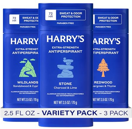 Harry's Extra-Strength Antiperspirant Deodorant, Sweat & Odor Control Antiperspirant for Men, Variety Pack - Stone, Redwood, Wildlands, 2.5 oz Pack of 3