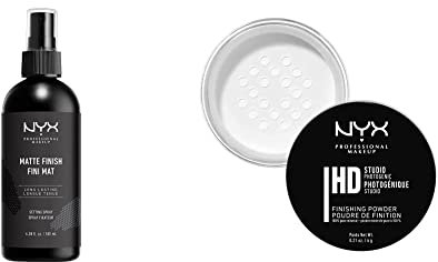 NYX Professional Makeup Spray Fixateur de Maquillage, Fini Mat, Format Maxi 180 mL & Poudre de Finition HD Studio, Poudre Libre, Fini Mat, Contrôle de la Brillance, Teinte : Translucent