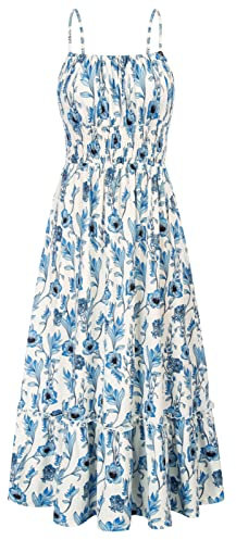 GRACE KARIN Robe de Cocktail Casual pour Femme Bretelles Spaghetti A-Ligne Dos Nu Robe Bustier Taille Haute Motif Floral L Fleurs Bleu sur Blanc