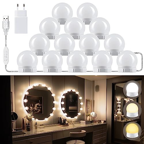 Dhnvcud Lumière de Miroir, 14 Ampoules Hollywood Kit de Lumière LED, 3 Couleurs et 10 Niveaux Réglable Lumiere Maquillage, Lumière Miroir USB pour Vanité et Miroir de Maquillage avec Adaptateur