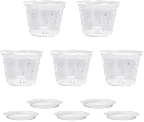 Transparente Orchideentöpfe, 5 Stück, transparente Orchideen-Pflanzgefäße, Blumentöpfe mit Untersetzern, transparente Kunststoff-Pflanztöpfe, geschlitzte, atmungsaktive Vase für drinnen und draußen