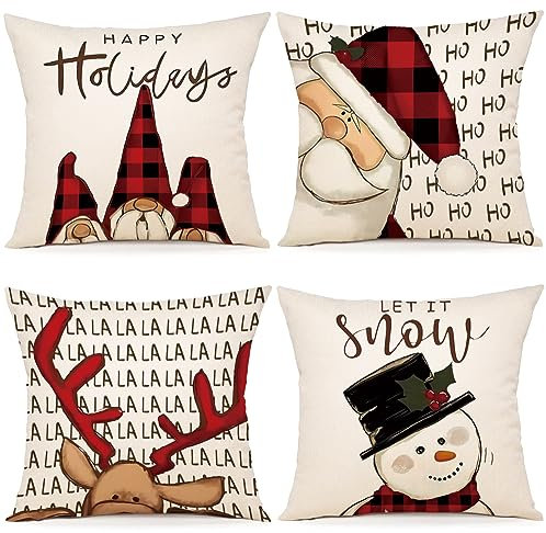 ZWJD Kissenbezug Weihnachten 45x45 4er Set Kissenbezüge Dekokissen Leinen Kissenhüllen für Deko Weihnachten Sofa Schlafzimmer Couch Kissenbezug 45x45 cm