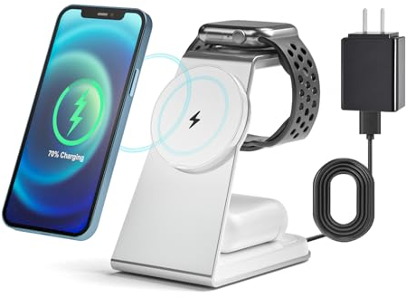 Oramkyo Caricatore Wireless Stazione, Caricatore wireless 3 in 1, 15W Ricarica Wireless Charger Stand per iPhon serie 15/14/13/12, Serie iWath, Airpod 3/2/Pro(20W Adattatore)