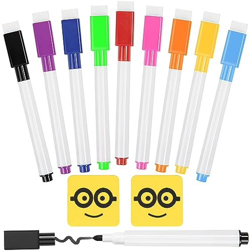 NECXON 9-teiliges Whiteboard-Marker-Set, 9 Farben, Whiteboard-Stifte-Set mit 2 Cartoon-Radiergummis, feine Spitze, magnetische Farb-Whiteboard-Stifte für den Einsatz in der Schule und im Büro