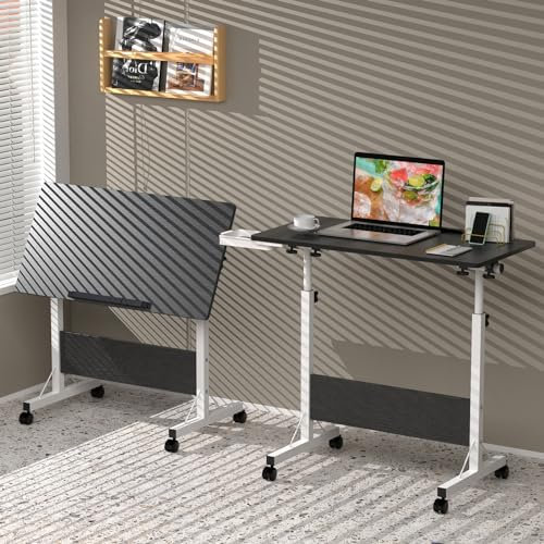 Lvhecforhm Negro Mesa Plegable, para Ordenador con Ruedas, Mesa Auxiliar de Altura Ajustable Mesa Escritorio Plegable, Escritorios Portátiles para Estudio 80x40cm con Cajón Oculto, Casa Oficina
