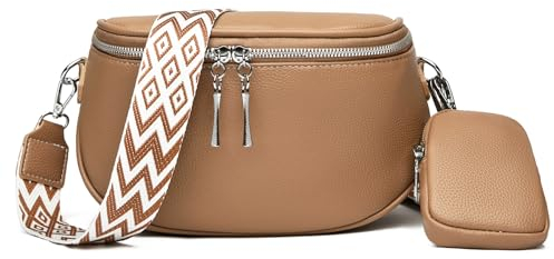 DIAOZI Petit Sac Bandoulière Femme Cuir PU, Moderne Sacoche Large, Sac Banane Bandoulière Porté Épaule avec Porte-Monnaie - Camel