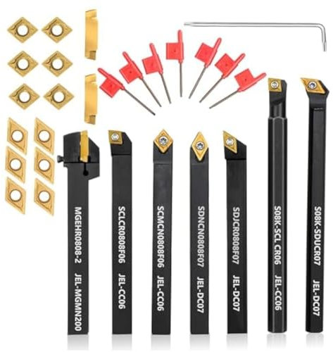 Tsadeer Outil de tour de 5/16 pouces avec tige de 8 mm, 7 pièces, porte-outils pour tour pour tournage, rainure, filetage, alésage avec 14 pièces en carbure