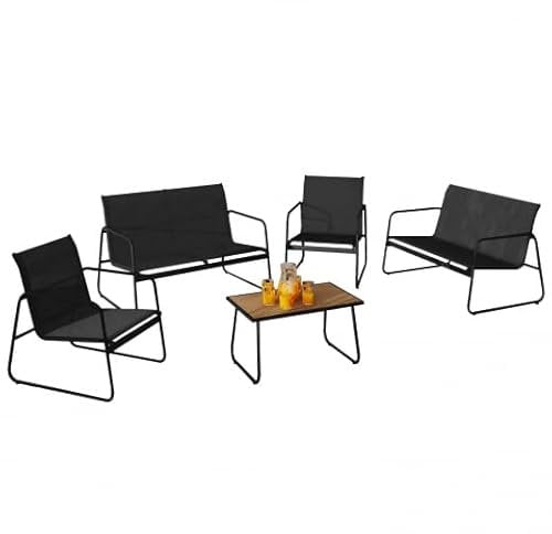 IDMarket - Salón de jardín bajo Málaga 6 plazas con sofá, sillones y mesa negro y madera, Muebles Exterior