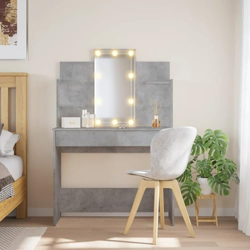 Homgoday Toeletta Trucco,Tavolo da Trucco,Sgabello Toeletta Trucco,Mobile Trucco,Toilette Trucco con Luci,Toeletta con Luci LED Grigio Cemento 96x40x142 cm