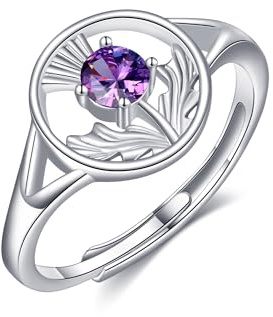 DAYLINLOVE Schottische Distel Ringe 925 Sterling Silber Verstellbarer Amethyst Schottischer Ring Schottischer Schmuck Schottland Geschenke für Damen Frauen Mädchen
