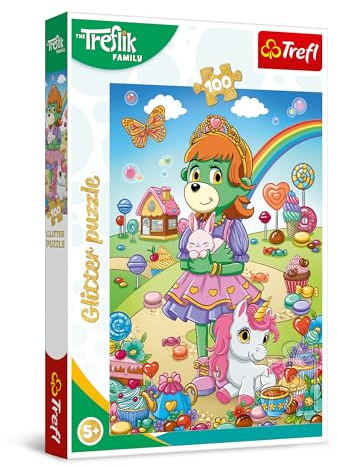 Trefl 14833 Trefliki Familie The Family, Trefliks-Glitter 100 Teile-Glänzendes Puzzle mit den Figuren der Fernsehserie, Kreative Unterhaltung, Spiel für Kinder ab 5 Jahren, Mehrfarbig