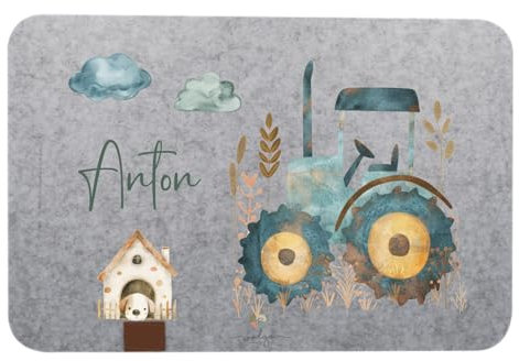 wolga-kreativ personalisiertes Tischset Filz Platzdeckchen Platzset für Kinder und Kleinkinder Bauernhof Trekker mit Namen Bedruckt Geschenk Taufe Geburt Einschulung
