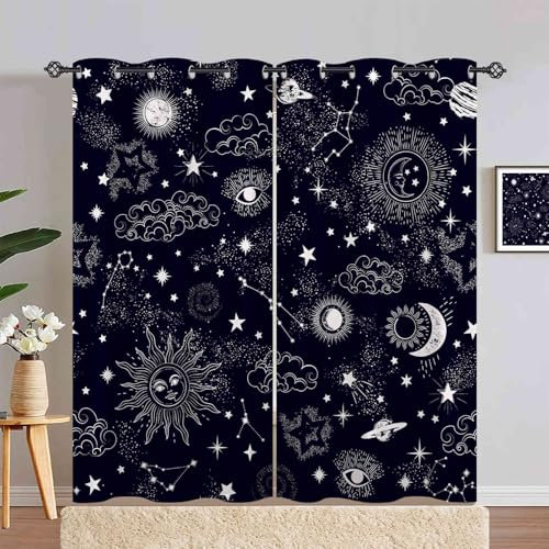 ANHOPE Weltraum Sonne Mond Sterne Verdunklungsvorhänge mit Ösen Blickdichte Gardinen Blackout Curtain Thermo Vorhänge Weich Schlafzimmer Wohnzimmer Vorhang 2er Set H 200 x B 140 cm