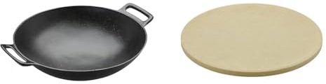 RÖSLE VARIO Wok, Hochwertiger Wok aus emailliertem Gusseisen zum scharfen Anbraten & VARIO Pizzastein, Hochwertiger Pizzastein aus Cordierit zur Zubereitung von Pizza