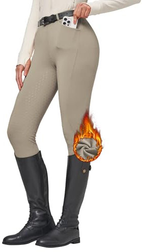 WILLIT Damen Reithose Winter gefüttert Reithose Fleece Reitleggings Silikon Vollbesatz Reitsport Thermo Hose mit Taschen Gürtelschlaufen Khaki M