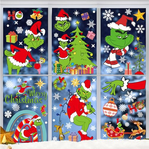 Fensterbilder Weihnachten Selbstklebend,9 Blatt Grinch Fensterdeko Weihnachten,PVC Schneeflocken Fensterdeko,Weihnachtssticker Fenster,Schneeflocken Aufkleber für Winter Fenster Weihnachten deko