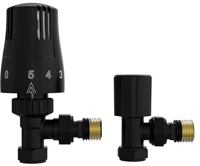 NRG Modern Thermostatic Lockshield Angled Radiator Valves 15mm Central Heating Taps Black