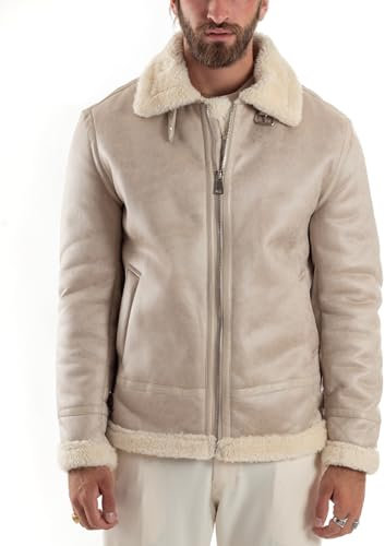 Giubbotto Montone Uomo Chiodo College Con Zip Giacca Imbottita Calda Aviatore Con Pelliccia Casual Vari Colori (IT, Testo, L, Regular, Regular, Panna)