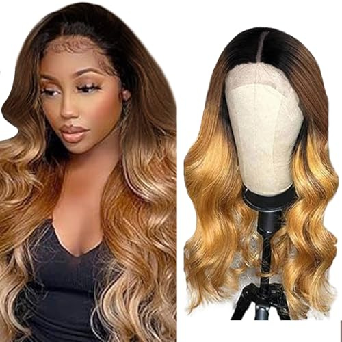 Evaxilc 5x5 HD Lace Front Wig Human Hair Wig Brazilian Virgin Hair No Tangle Body Wave Echthaar Perücke T1B427 Black Root Ombre Brown 150% Density For Women 20 Inch