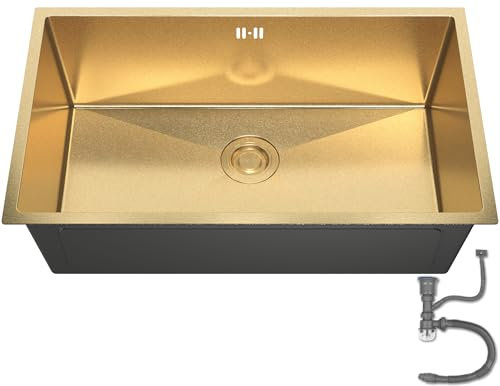 ANW HOME Undermount Gold Kitchen Sink Drop in 74x44 cm with Siphon, Strainer Waste & Overflow Kit, Topmount Single Bowl 304 Stainless Steel