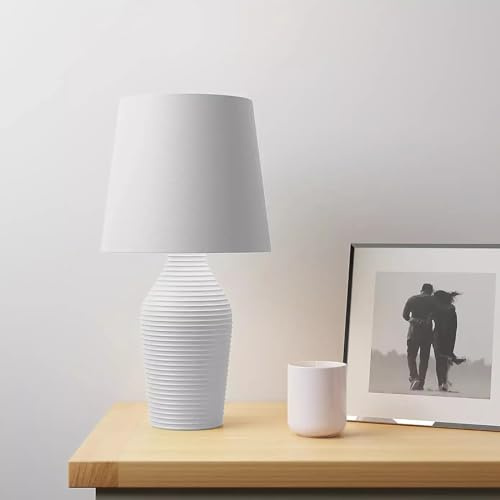 New Luna Stoneware Table Lamp – Contemporary Ribbed Satin Glazed Base with Faux Linen Shade, 37.5cm Tall | E14 SES Cap, Mains Operated M-18 (Dove Grey)