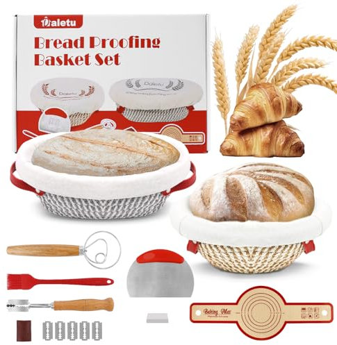 Banneton pour Pain en corde de coton, Corbeille a Pain en Ovale et Rond avec couvercle panier a pain, avec pain avec élingue à pain, fouet danois, grattoir à pain, lame à pain et brosse