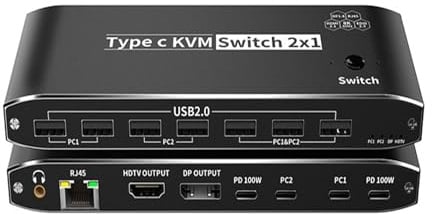KONGMM KVM Switch 3500W 8K USB C zu HMI DP KVM-Switch 4K120Hz Video-Umschalter mit RJ45-Netzwerkanschluss PD 100W Ladung for 2 PC auf 1 TV-Monitor