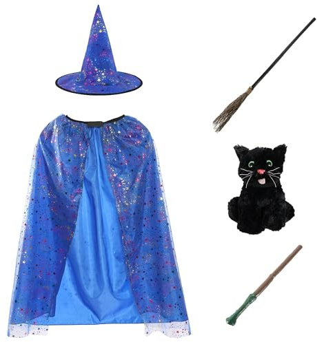Girls Witch Costume Accessory Set – Blue Cape with Silver Stars, Pointed Hat, Wand, Broomstick & Black Cat – Kids Halloween or World Book Day Fancy Dress