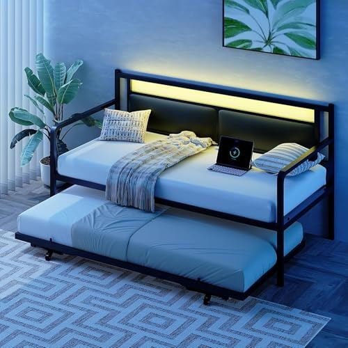 Bonnlo Daybed, Sofa Bed Double with LED and Outlet, Trundle Bed with Storage, Metal Bed Frame Fits 90 * 190 Mattress for Kids, Teens, Adults, Black