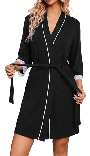 Ocextami Robe de Chambre Femme Coton Manches 3/4 avec Dentelle Peignoir Court Col en V avec Ceinture et Poches Vêtements de Nuit Confortable et Élégant