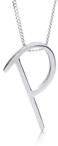 Theia Pendentif Argent Sterling Personnalisé avec Initiale en Gros Caractère (A-Z ) et Chaîne gourmette 18 - Lettre P