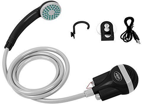 Akku Dusche Camping, 5 Volt USB, inkl. Tauchpumpe mit Filter, 2 Meter Schlauch, 60 cm USB-Ladekabel, Akkuleistung 60 min.