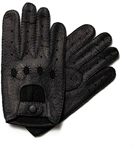 Hand Gewand by Weikert Exklusive Auto Lederhandschuhe aus PECCARY-LEDER, Autohandschuhe mit Finger, handgenäht, Autofahrerhandschuhe Herren (Größe: 8, schwarz)