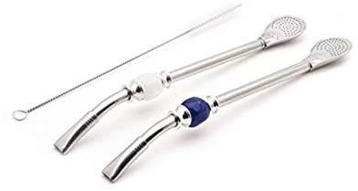 BALIBETOV Bombilla (Sorbetes) Premium de Acero Inoxidable para Beber Yerba Mate, con Cepillo y Filtro removible para Optima Limpieza - 22 cm de Largo. (Azul - Blanco)