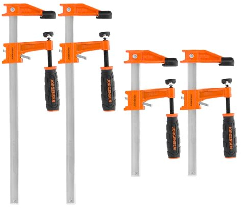 JORGENSEN 4-pack Steel Bar Clamps Set, 6 inch & 12 inch Medium Duty F-Clamp - 600 Lbs Load Limit for Woodworking