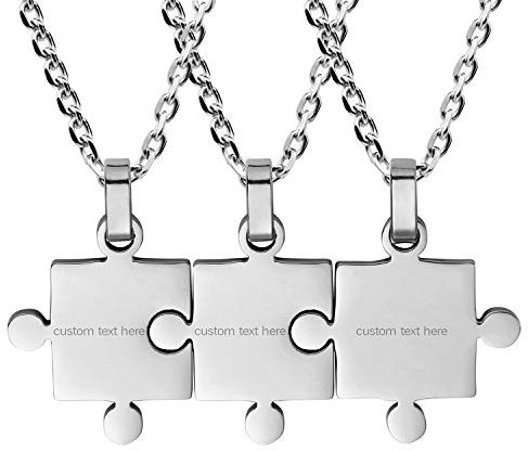 JewelryWe Schmuck Personalisierte Gravur 3pcs Edelstahl Matching Puzzle Anhänger Paare Freundschaft BFF Familie Halskette Set Silber