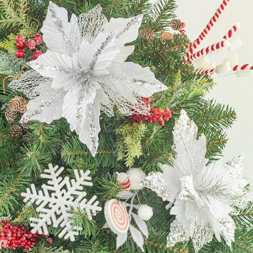 KI Store Grande Poinsettia Natalizia 6 Pezzi di Fiori Artificiali Scegli Spray per Ghirlanda di ghirlande di Decorazioni per Albero di Natale Bianchi